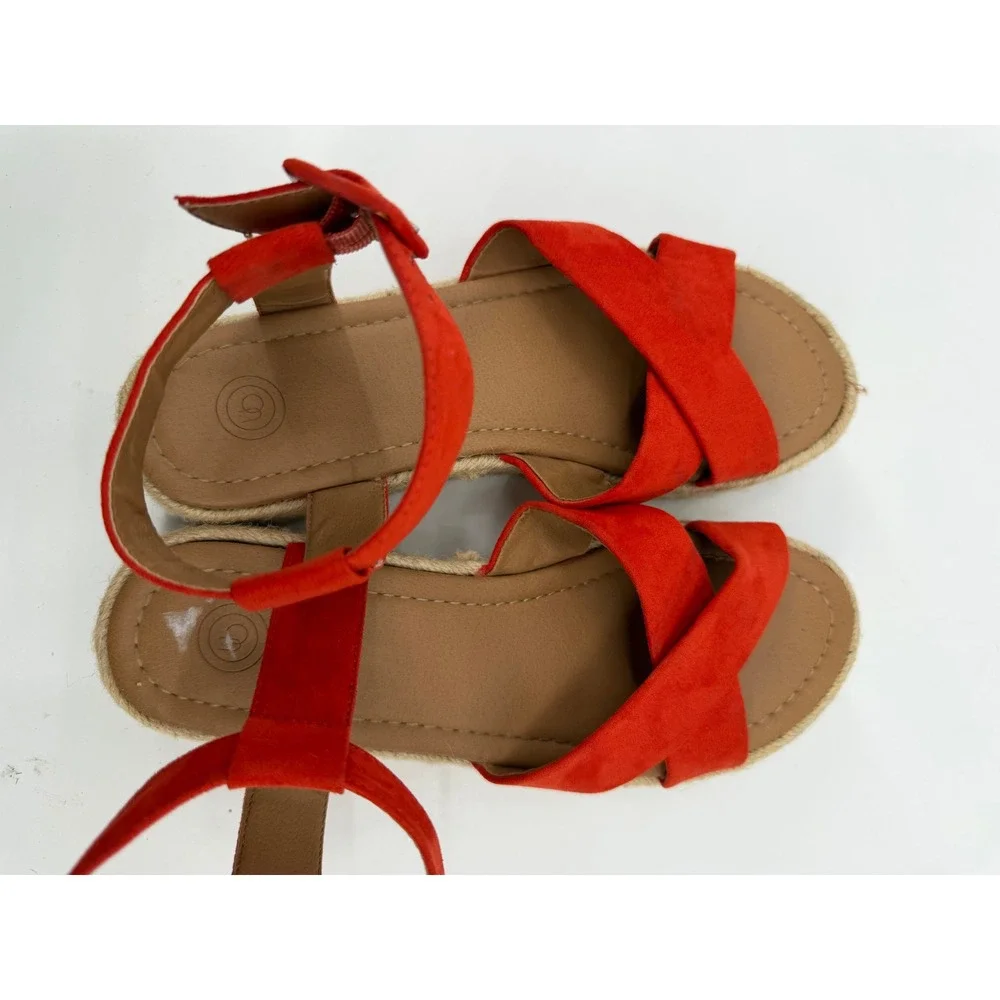 Red Espadrille Platform Sandals Ankle Strap Crisscross Faux Suede Size 7